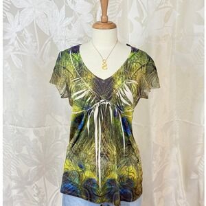 Peacock Feather Print V Neck Short Sleeve Top Women's Size L Rhinestone‎